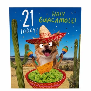 21st Birthday Card Holy Guacamole with Dog and Sombrero front