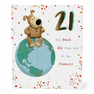 21st Birthday Card with Cute Dog and Globe Design front