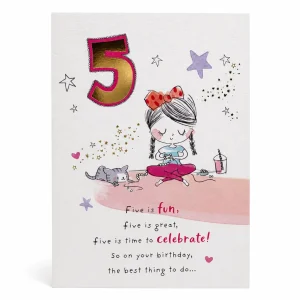 5th Birthday Card with Cute Girl and Cat Illustration front