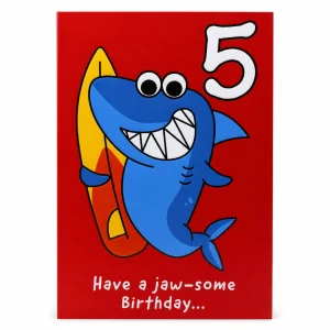 5th Birthday Card with Cartoon Shark and Surfboard front