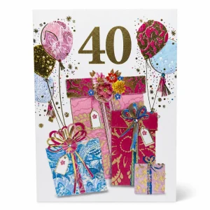 40th Birthday Card with Colourful Presents and Balloons front