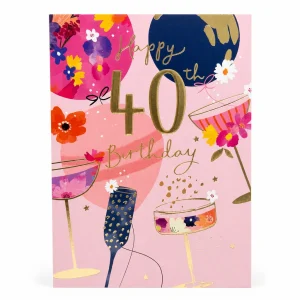 Happy 40th Birthday Celebration Card with Floral and Glasses Design front