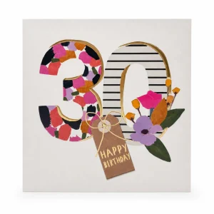 30th Birthday Card with Colourful Floral and Stripe Design front