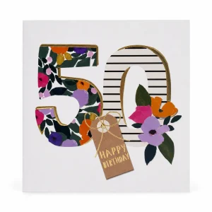 50th Birthday Card with Floral and Striped Design front