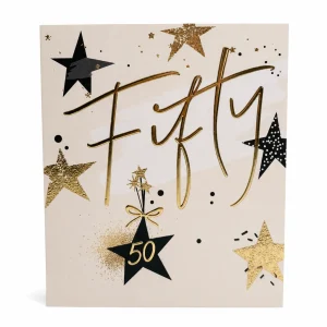 Fifty 50th Birthday Celebration Card with Gold and Black Stars front