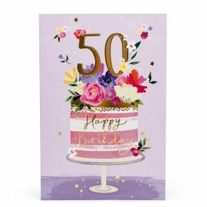 50th Birthday Card with Floral Cake Design front