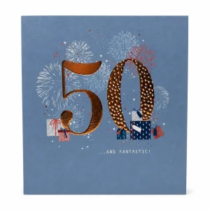 50th Birthday Celebration Card with Fireworks and Gifts front