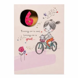 6th Birthday Card with Girl on Bike and Cat Illustration front