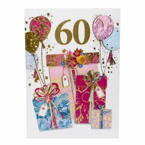 60th Birthday Card with Colourful Presents and Balloons front