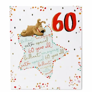60th Birthday Card with Knitted Dog and Colourful Star Design front
