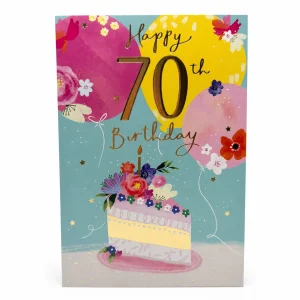Happy 70th Birthday Card with Colourful Balloons and Cake front