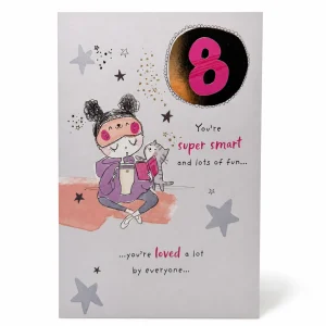 8th Birthday Card with Cute Reading Girl and Cat Design front