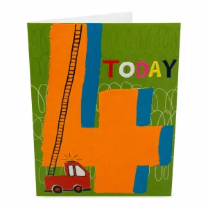 Colourful Number 4 Birthday Card with Fire Engine Design front