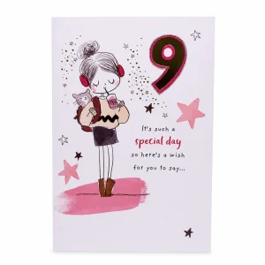 9th Birthday Special Day Girl and Cat Card front