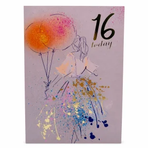 16th Birthday Card with Artistic Girl and Balloons Design front